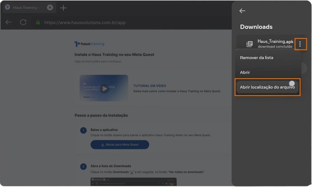 Imagem ilustrativa do passo 3, mostrando a lista de downloads com o arquivo “Haus_Training.apk” e o menu de três pontos ao lado do nome do arquivo